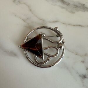 Vintage style Silver tone Brooch with Brown triangle | 2” statement pin